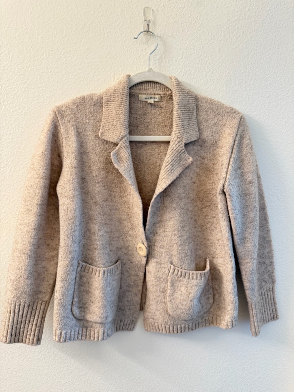 Max Studio Wool Blend Collar Pocket Button Cardigan Sweater - Cream / White XS